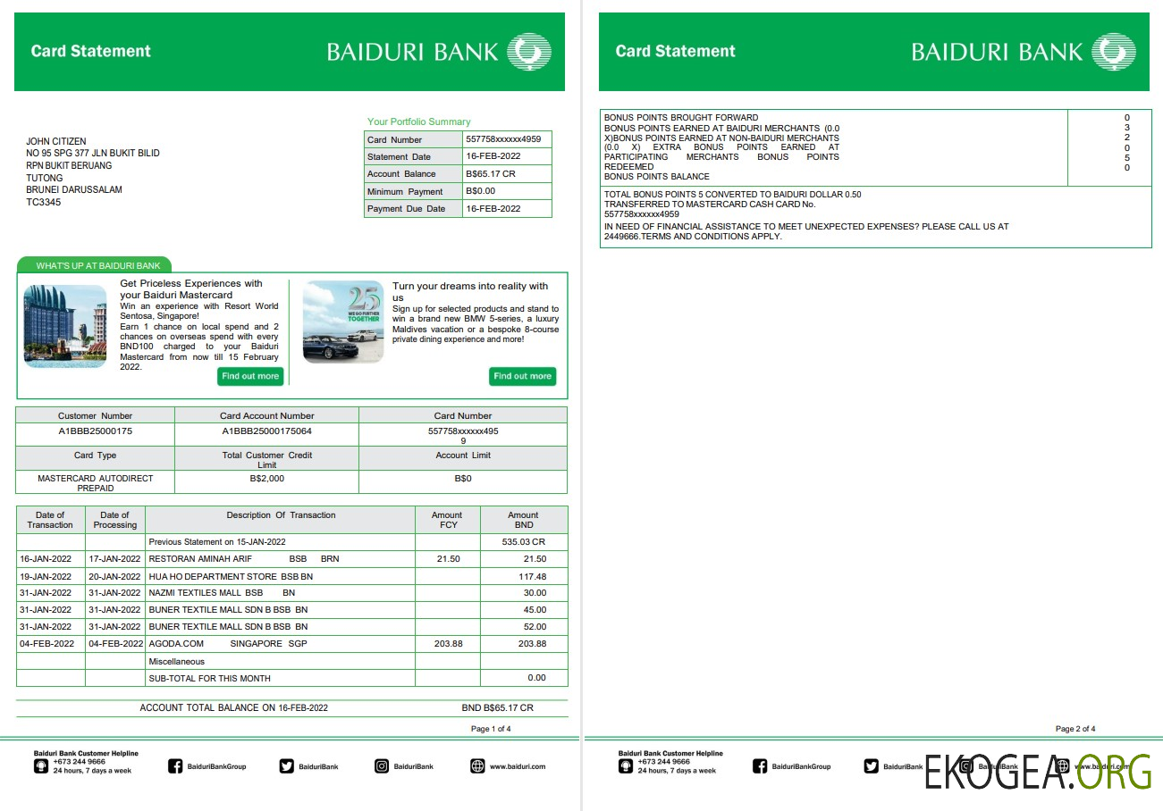 Relevé de carte bancaire de Brunei Baiduri